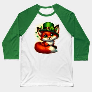 St. Patrick's Day Cute Fox in Green Hat with Shamrock Decoration Baseball T-Shirt